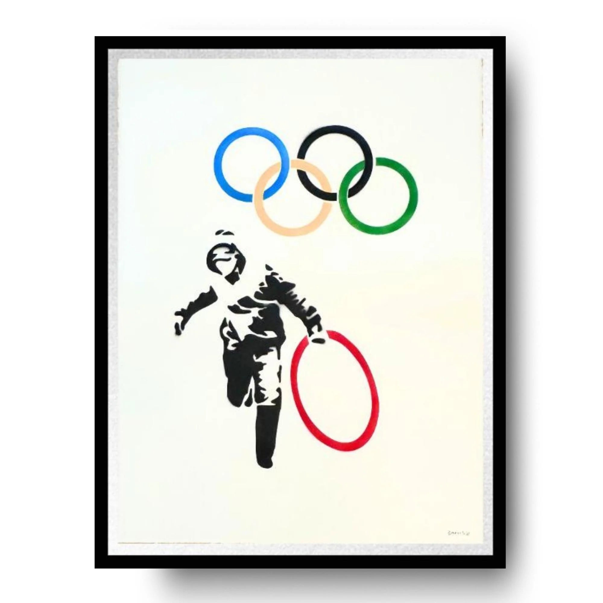 Framed artwork of a man stealing an olympic hoop from the Olympic rings on a white background